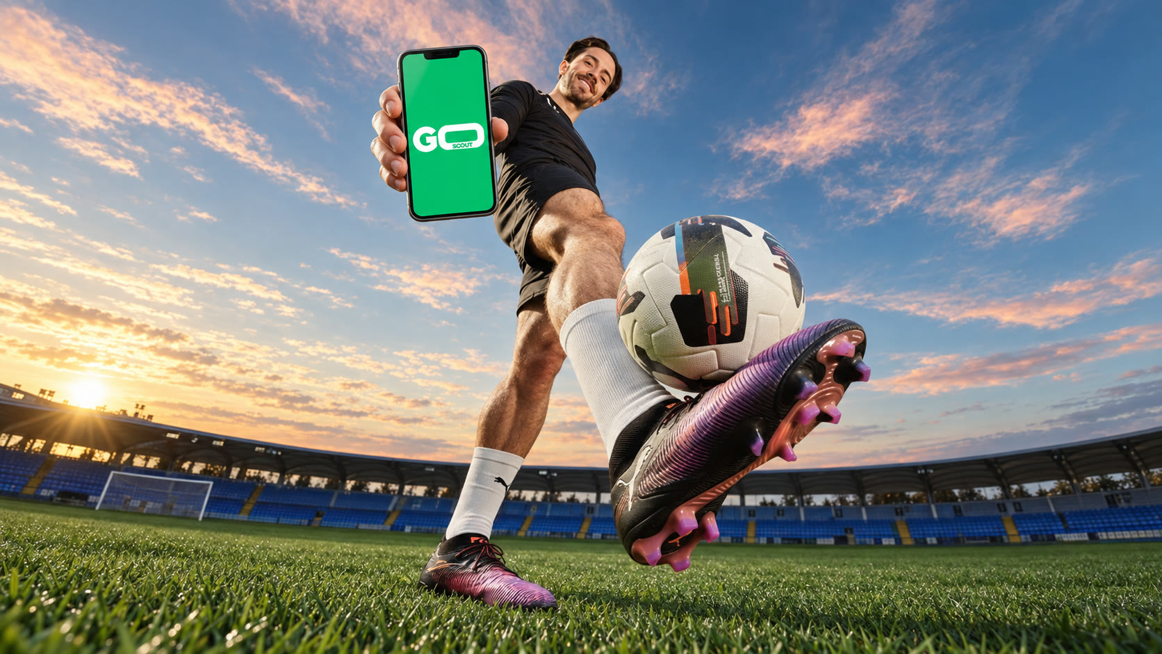 Football player in a stadium holding a phone with the GoScout logo