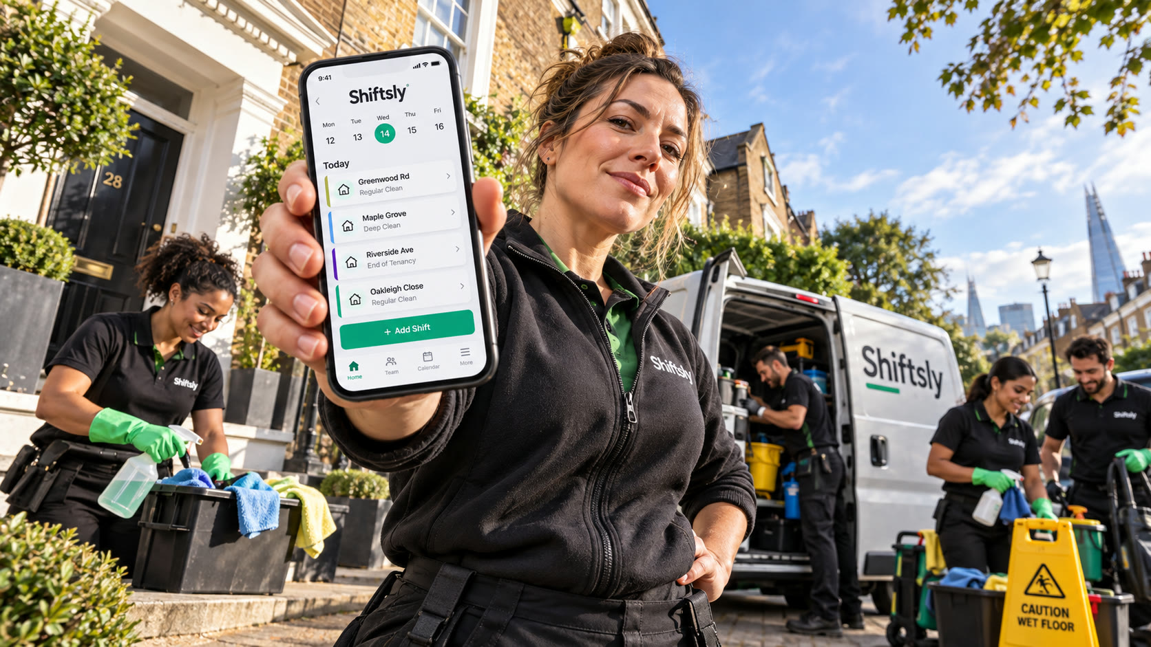 Cleaning crew on a London street, the manager holding up the Shiftsly schedule on her phone