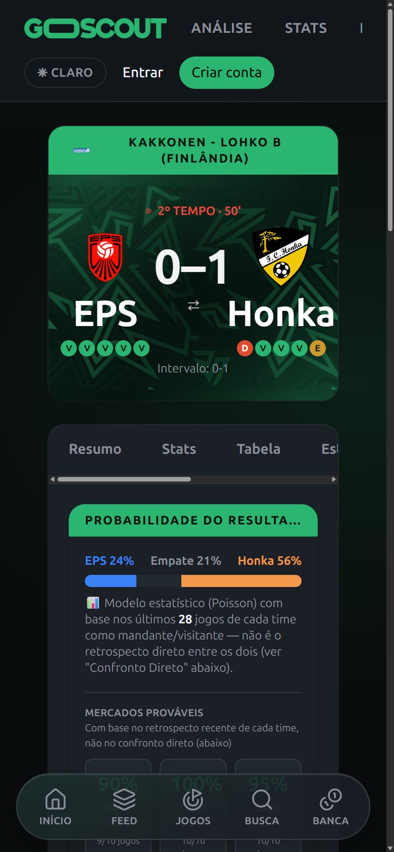 GoScout match screen on mobile with the floating bottom navigation